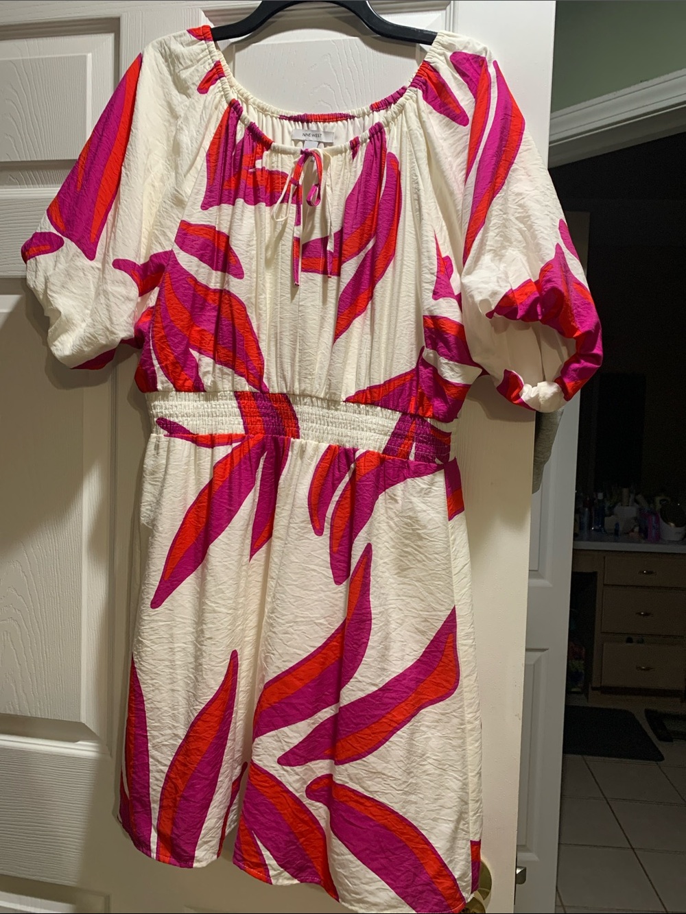 Nine West White Mini Dress with Pink & Red Abstract Leaves